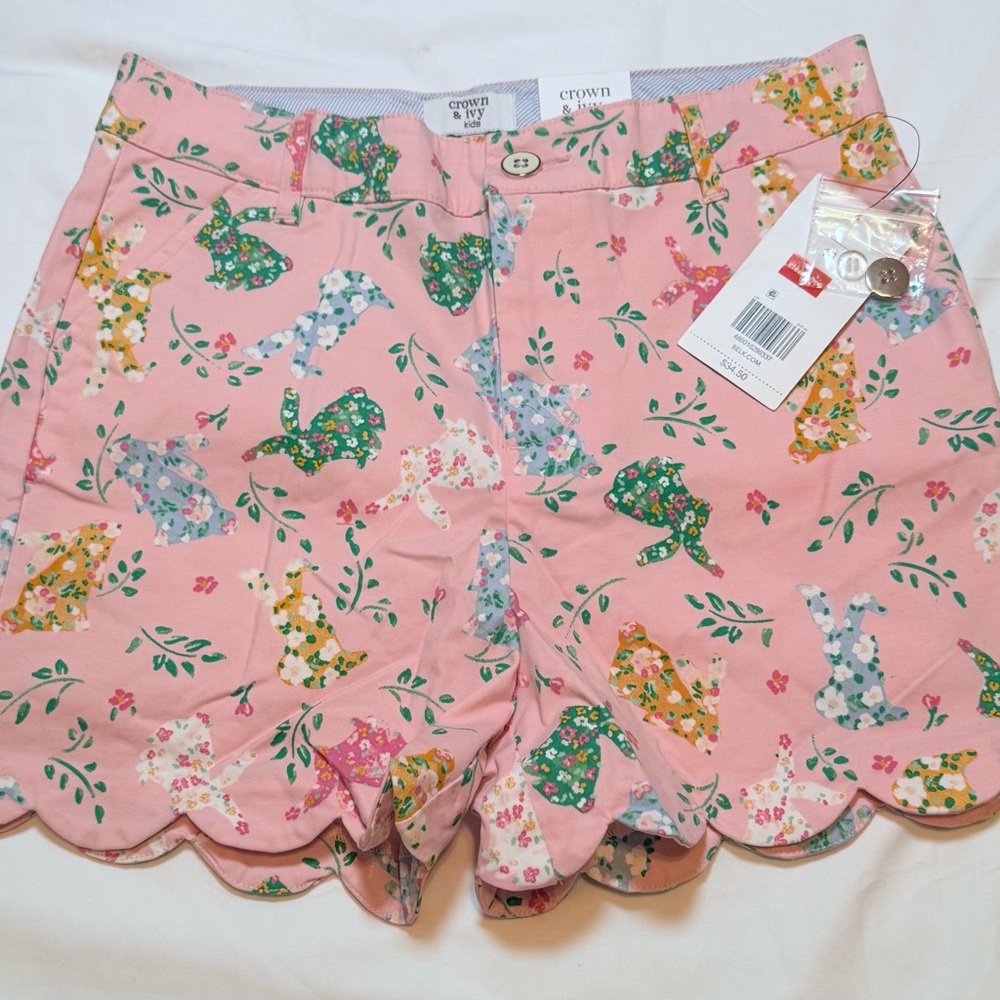 Crown & Ivy Girls Pink Floral Bunny Chino Shorts Cotton Scallop Hem Size 16